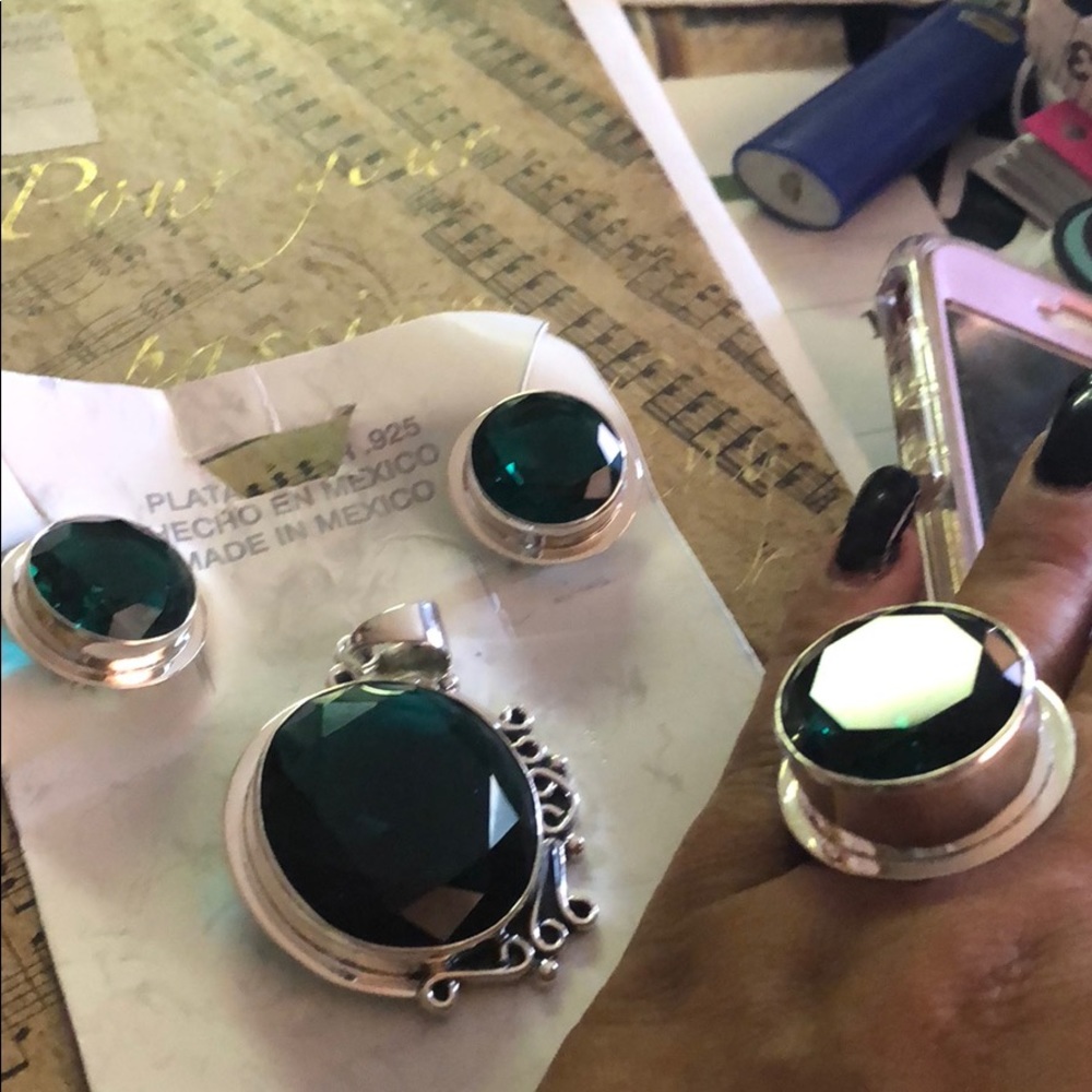 Set earrings ,ring ,stone real silver .925